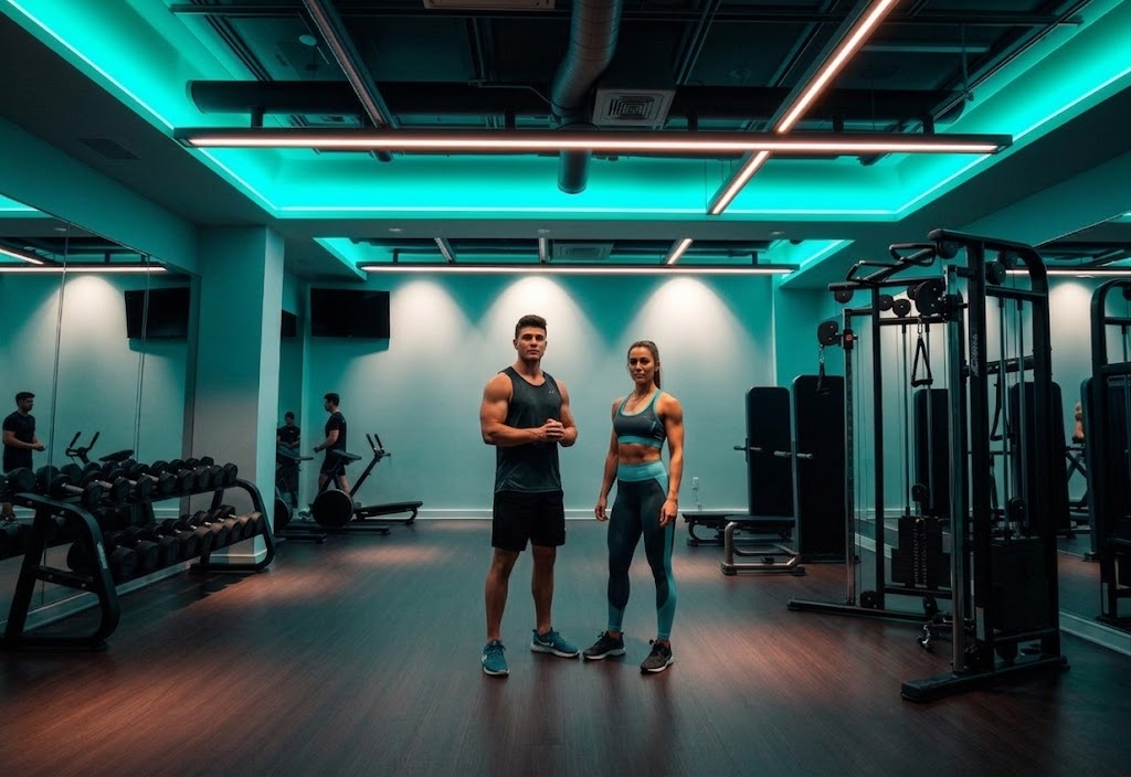 Zwei Athleten im modernen Fitnessstudio mit türkisfarbener Beleuchtung